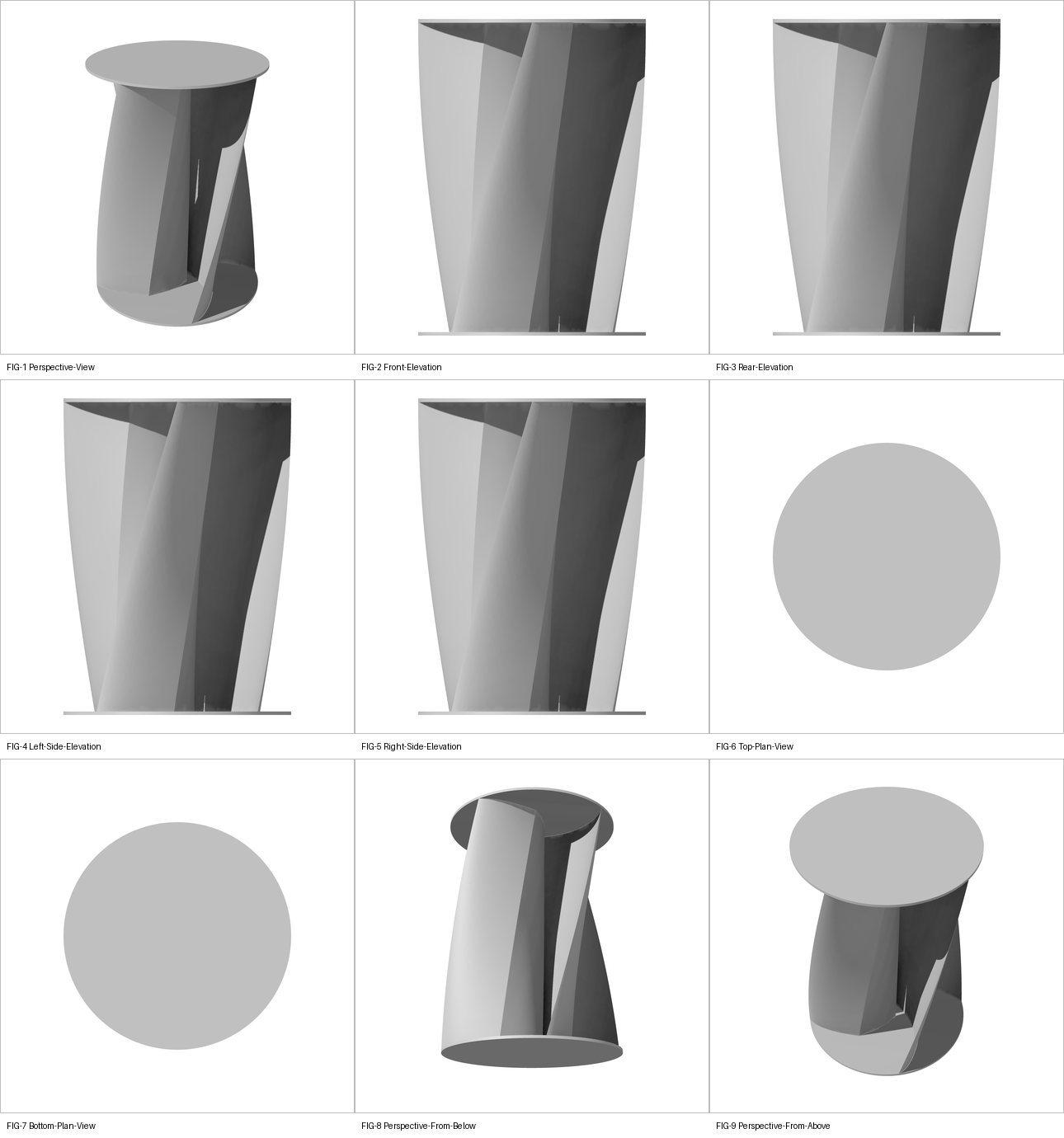 Nine grey rendered views of the inner rotor — perspective, front, rear and both side elevations, top and bottom plans, and two more perspectives — laid out three by three.