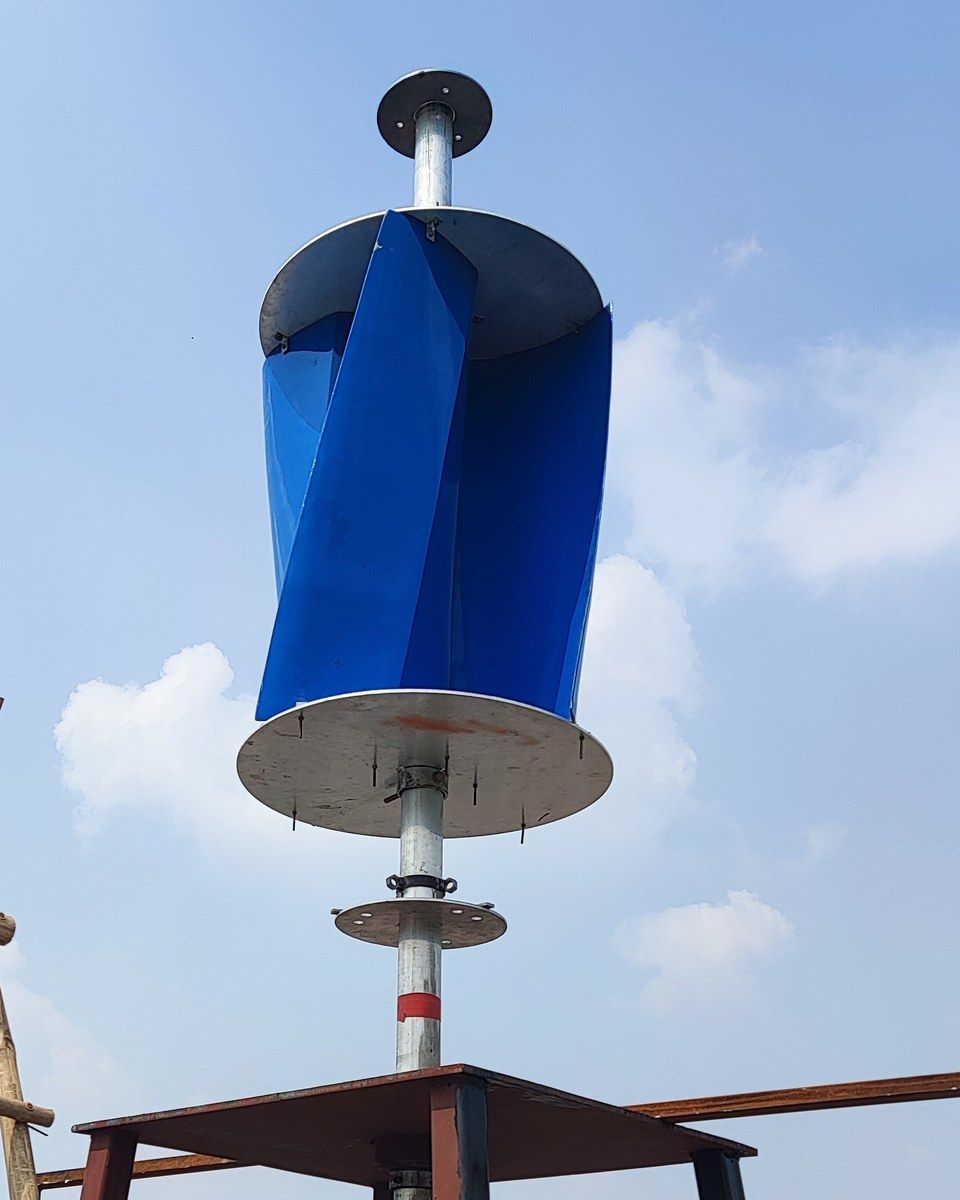 The blue helical inner rotor on its rooftop stand, 16 September 2026.