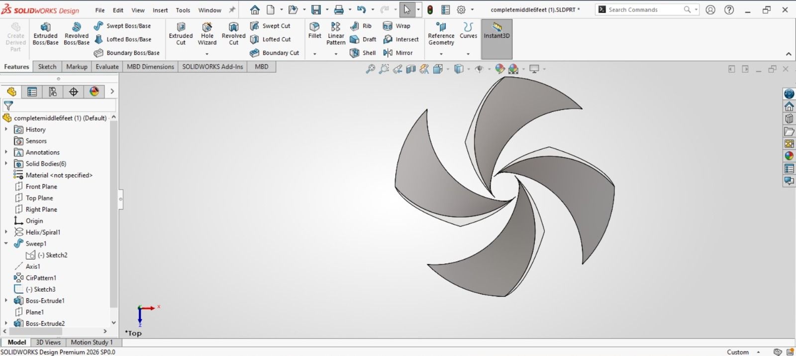 Preserved SolidWorks screen showing the five-blade inner-rotor geometry and feature tree