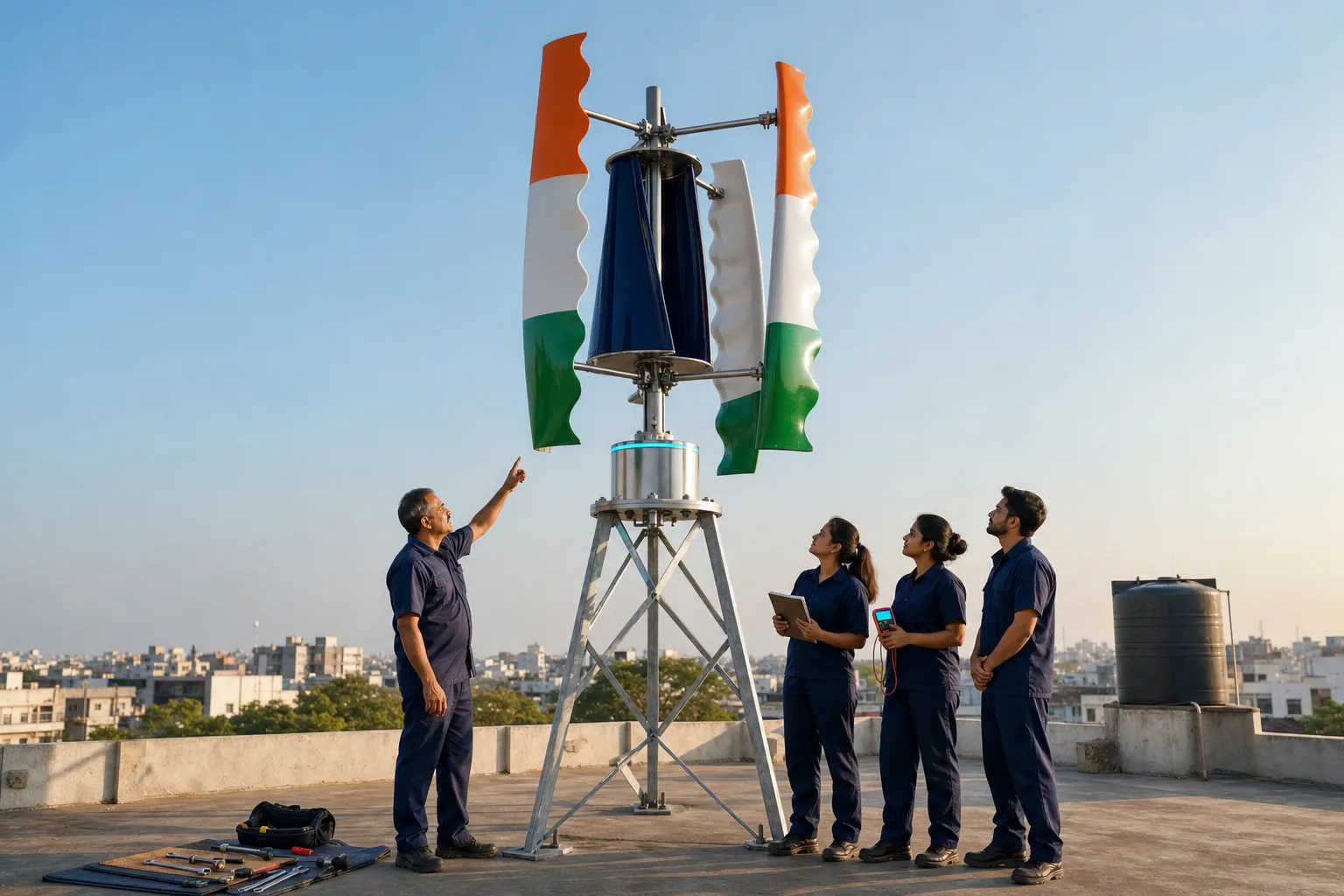 A GIVARA academy session on a rooftop: an instructor points up at the machine while trainees look on.