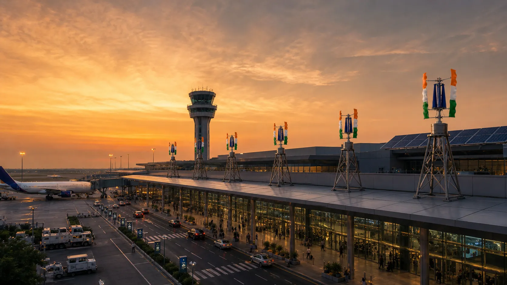 An Indian airport terminal at sunset with multiple Tricolor GIVARA ONE turbines on ground-side roof structures.