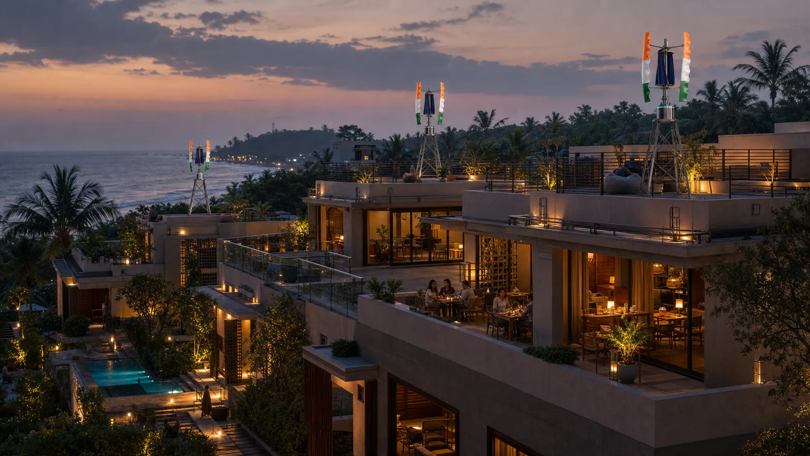 A coastal boutique hotel at dusk with three Tricolor GIVARA ONE turbines across separate roof terraces.