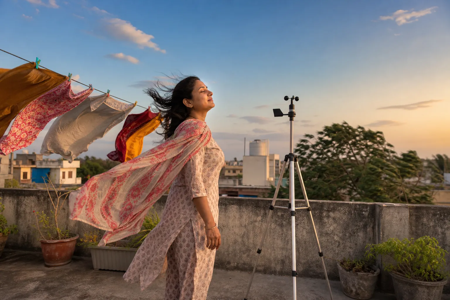 A homeowner standing on a breezy Indian evening terrace with washing flapping on the line, beside a small tripod-mounted wind-measurement instrument.