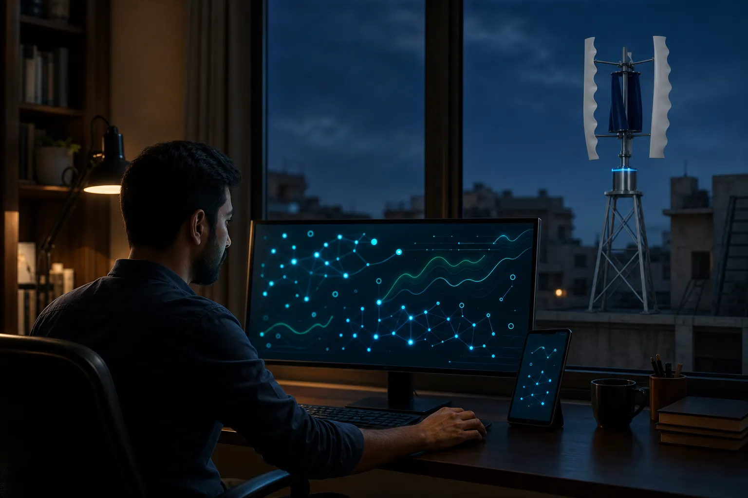 A GIVARA partner monitoring rooftop operations from a command desk at dusk.