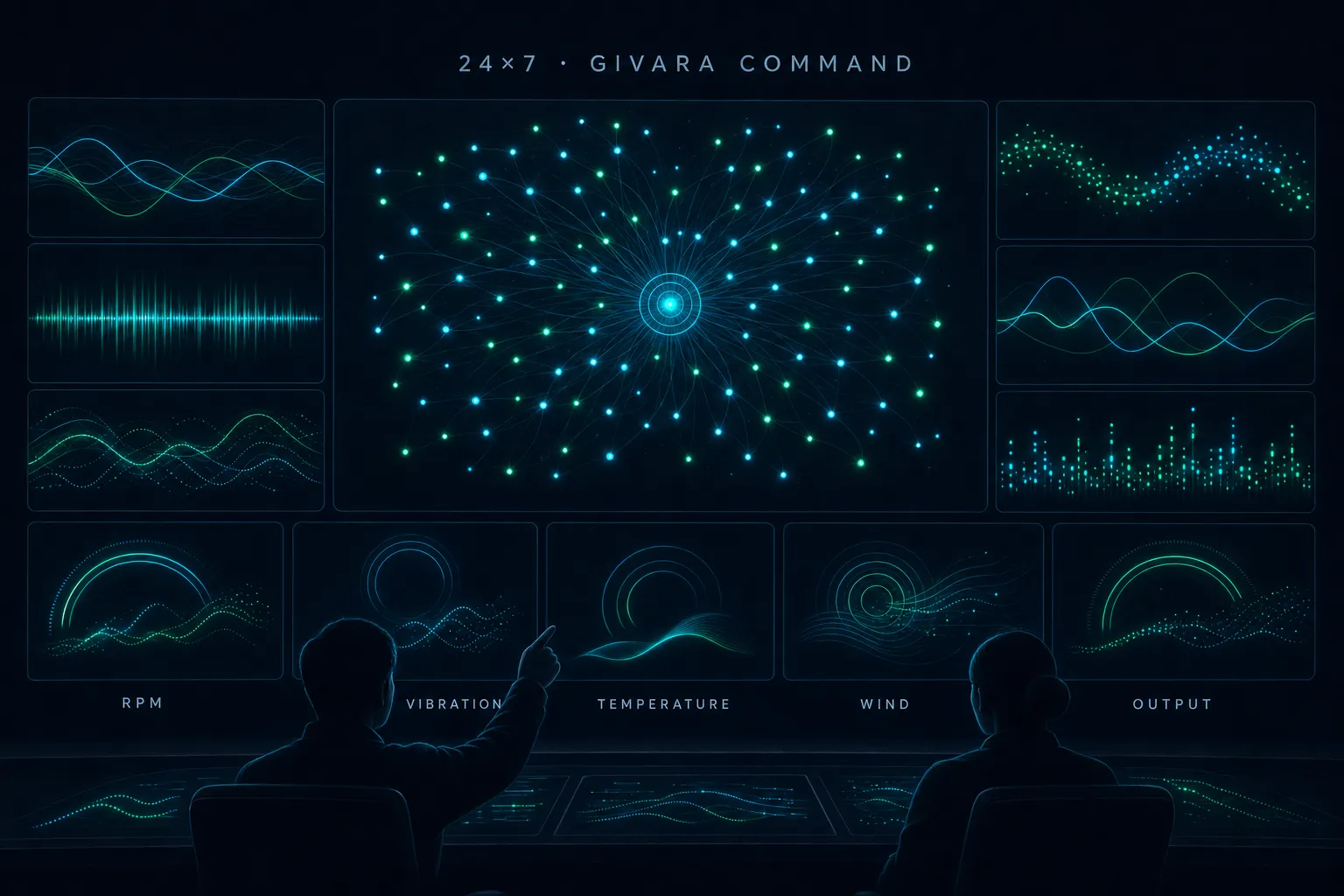 Dark infographic of the GIVARA Care command centre: operators before a wall of glowing telemetry tiles labelled RPM, vibration, temperature, wind and output