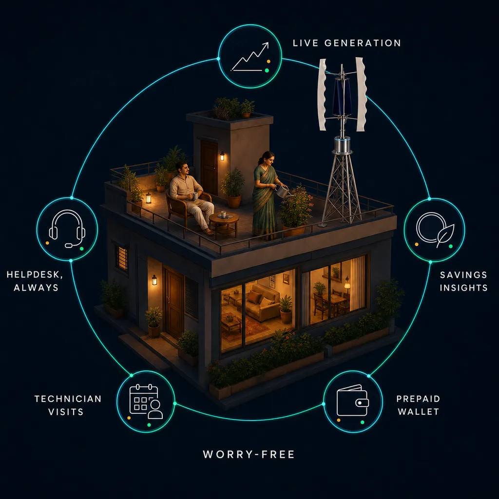 Infographic of a GIVARA Care worry-free ring around an Indian home: live generation, savings insights, prepaid wallet, technician visits and helpdesk access