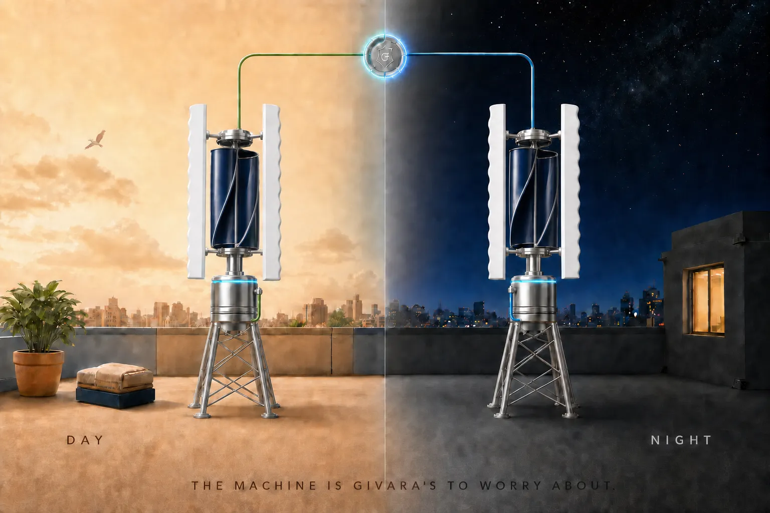 Split day-and-night illustration of a GIVARA ONE wind machine on an Indian rooftop with telemetry threads meeting in one glowing GIVARA Care ring