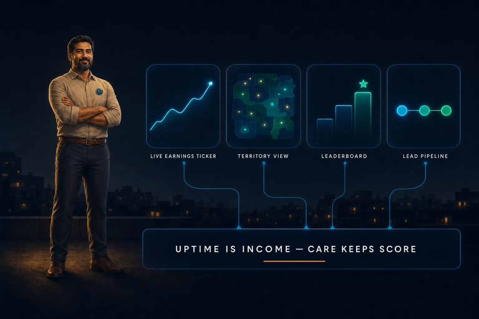 Infographic of a GIVARA partner surrounded by four panels: live earnings ticker, territory view, leaderboard and lead pipeline, above the line "uptime is income — Care keeps score"