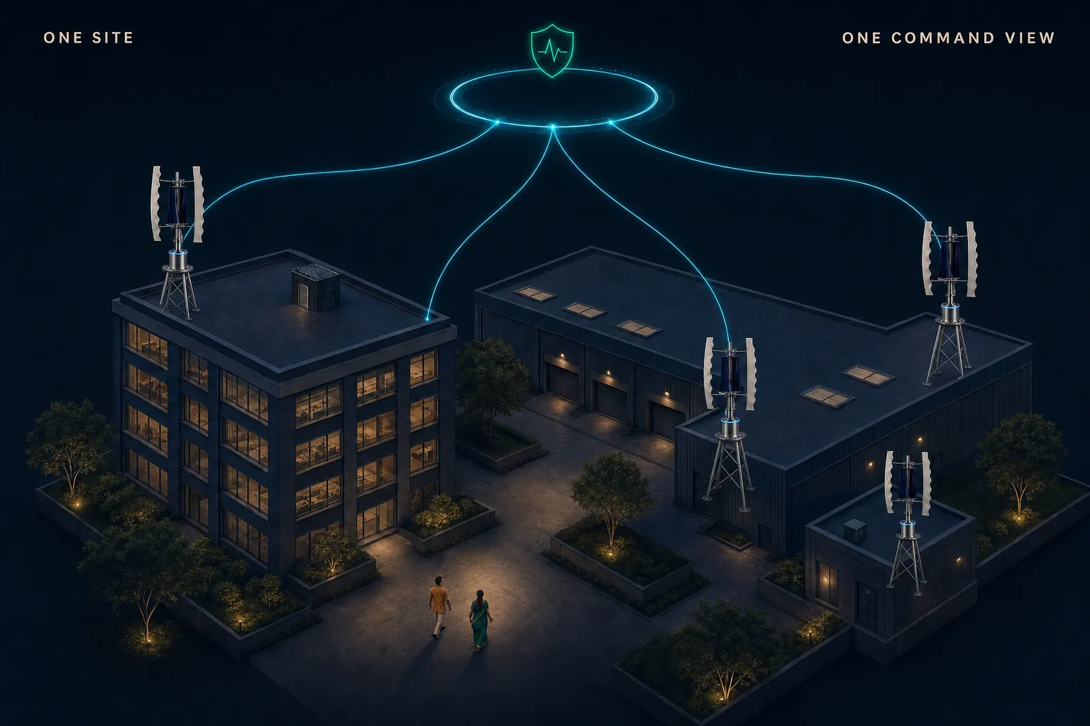 Dusk isometric illustration of a commercial campus with four GIVARA ONE wind machines on rooftop corners reporting to one glowing GIVARA Care command ring