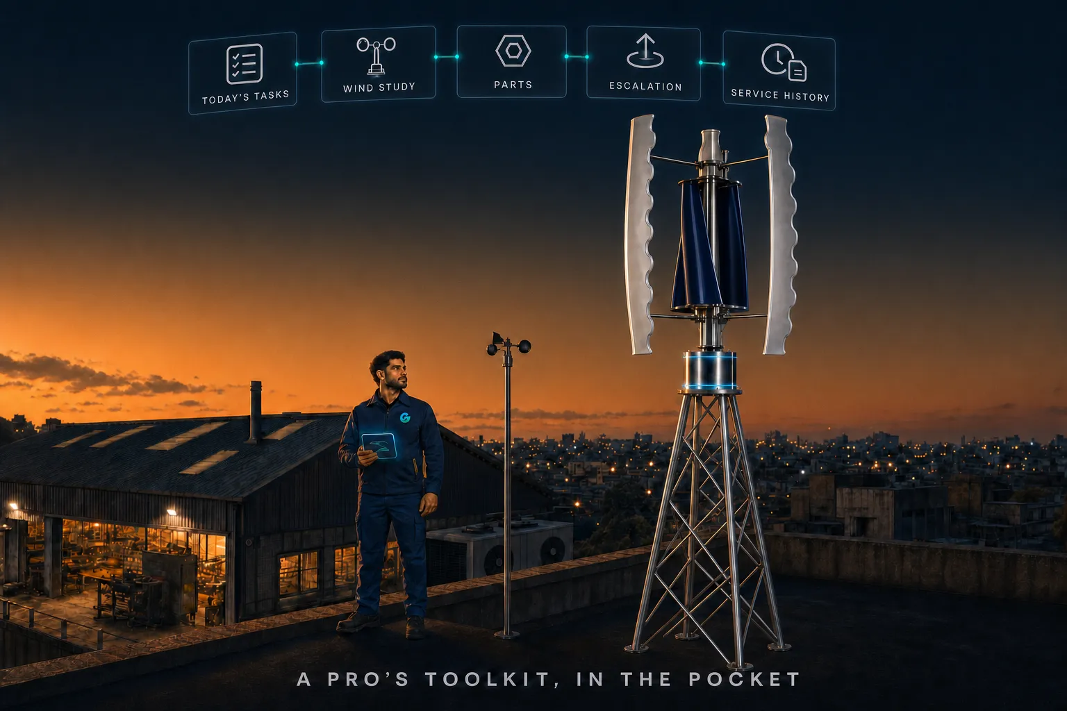 Illustration of a GIVARA technician on a rooftop at dusk with anemometer and GIVARA Care workspace chips: today's tasks, wind study, parts, escalation, service history