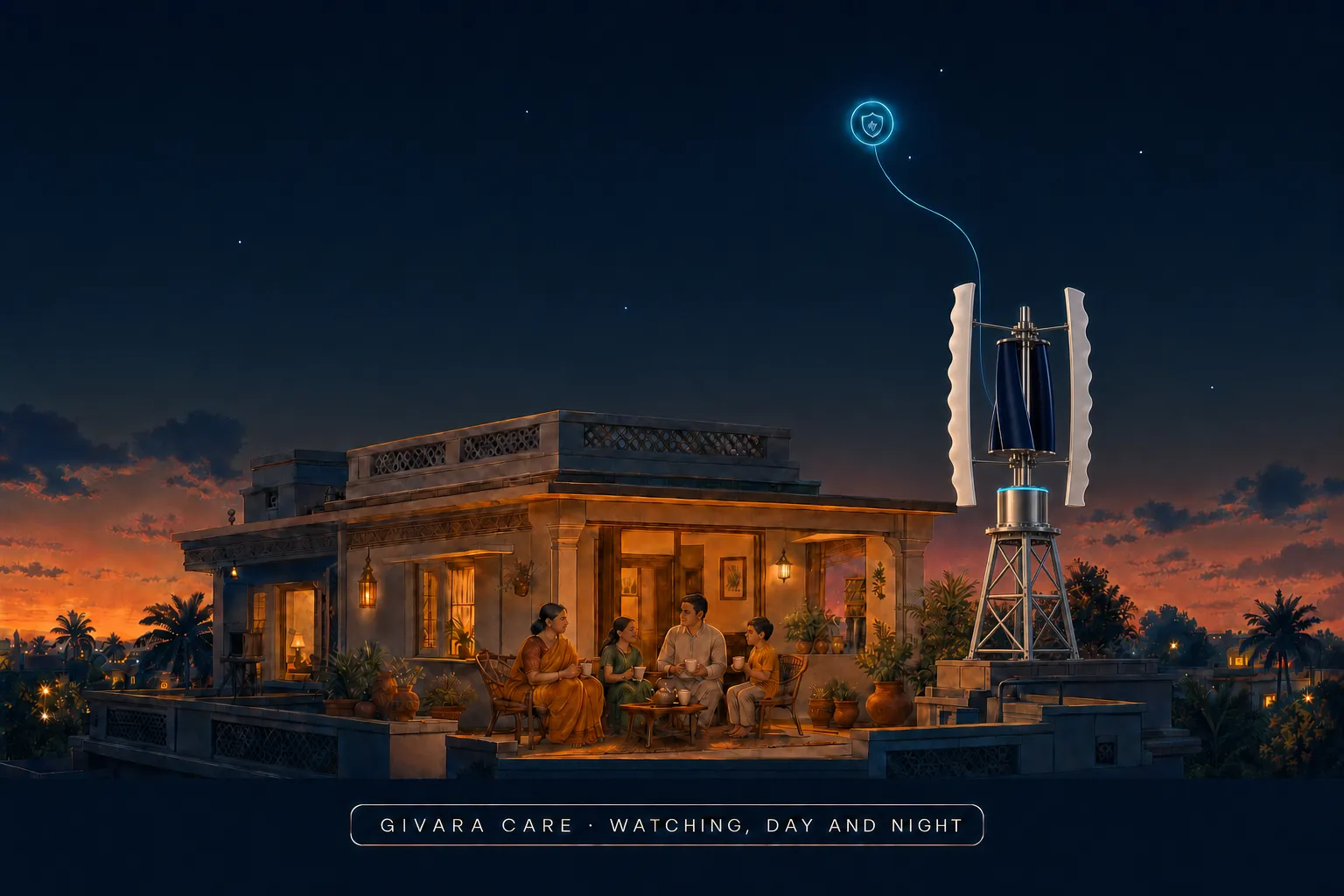 Dusk illustration of an Indian home with a GIVARA ONE wind machine on the roof corner and a telemetry thread rising to a glowing GIVARA Care watch ring