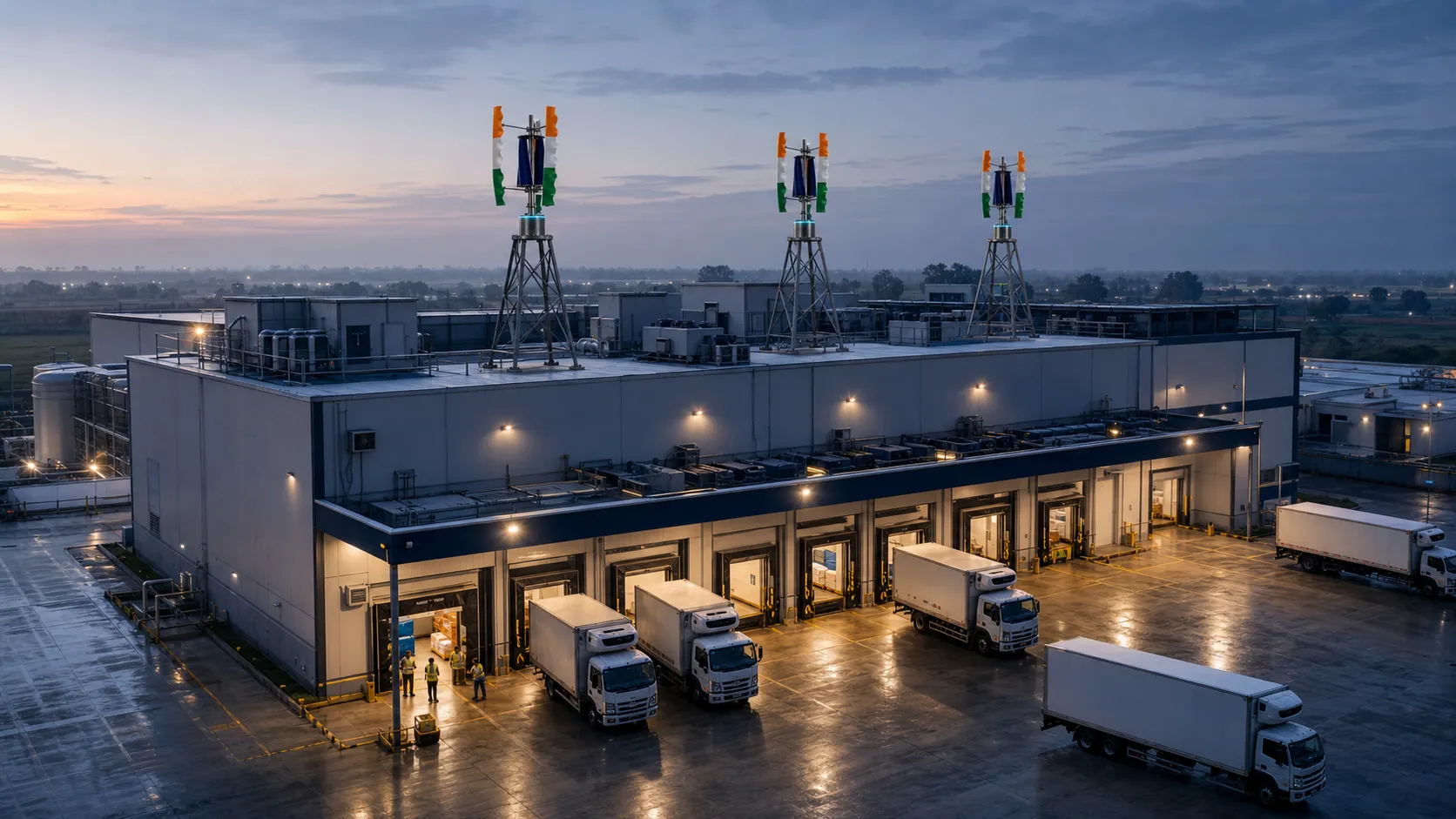 A cold-chain food-processing facility with three Tricolor GIVARA ONE turbines above the main building.