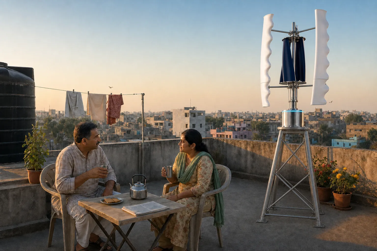 A couple having morning chai at a small table on their Indian terrace, a GIVARA ONE wind machine turning at the far parapet against the clear morning sky.