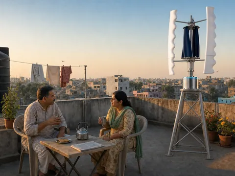 A couple having morning chai at a small table on their Indian terrace while a GIVARA ONE wind machine turns at the far parapet.