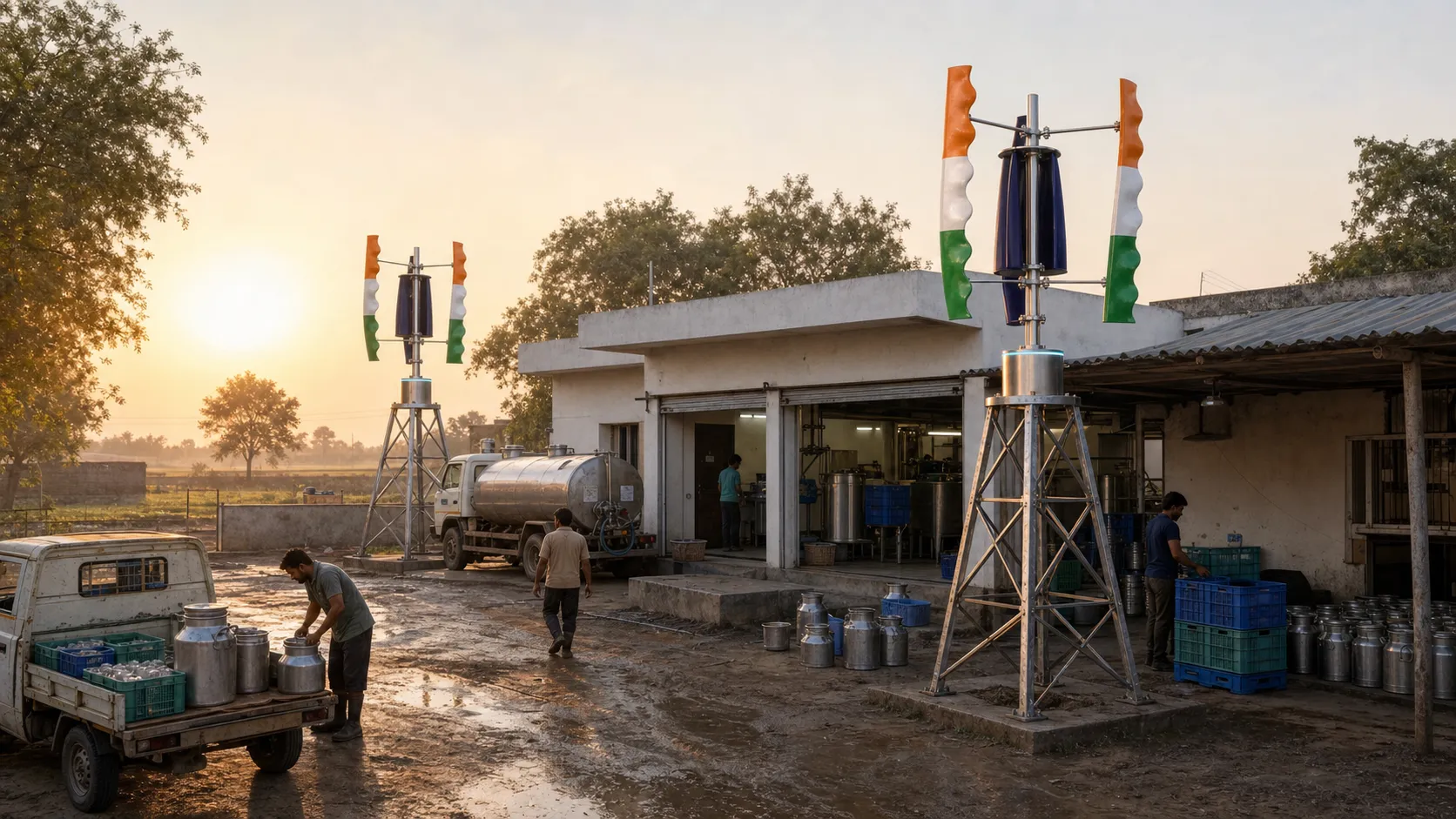 A rural dairy processing facility with two Tricolor GIVARA ONE turbines beside working buildings.