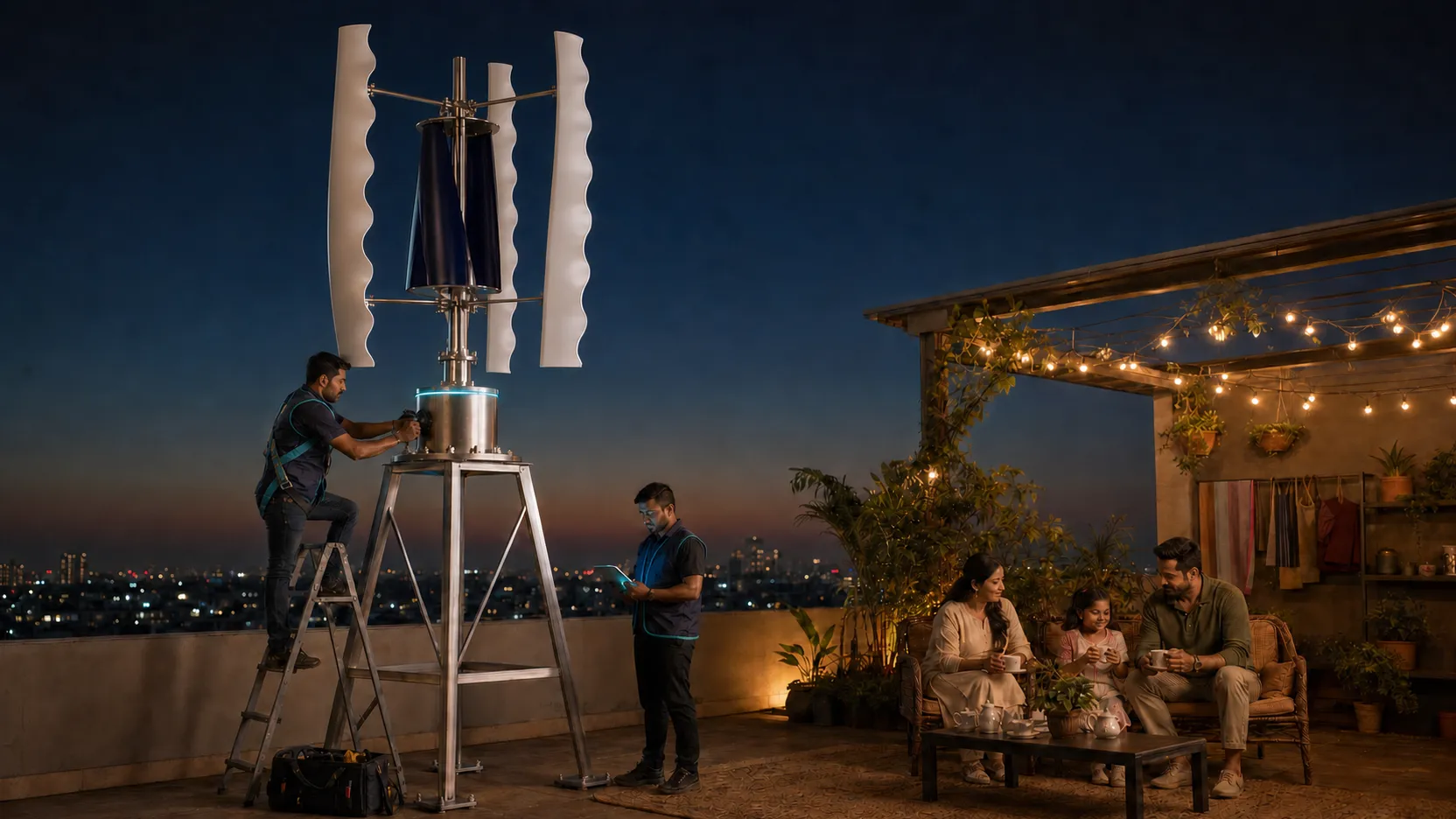 GIVARA technicians service a GIVARA ONE rooftop wind machine while the family relaxes on their lit terrace below.