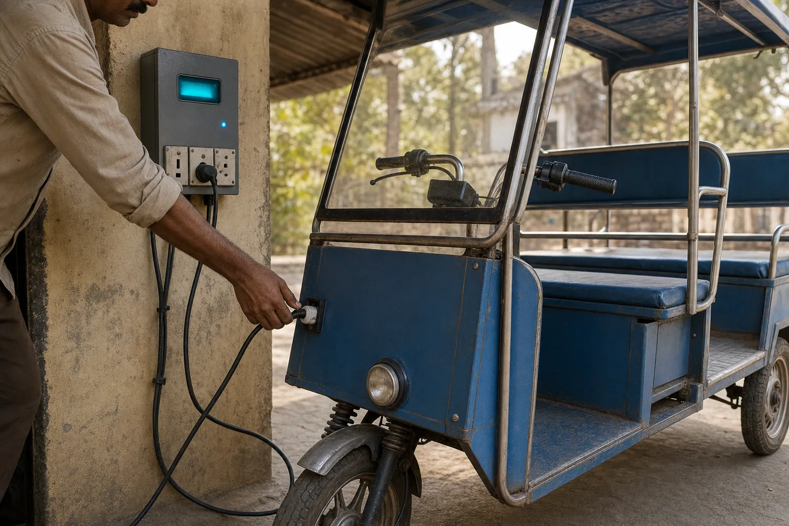 Close-up of a metered charging board on a plastered wall, cables in its sockets, as a driver's hand guides a connector toward an e-rickshaw's charging port at dawn.