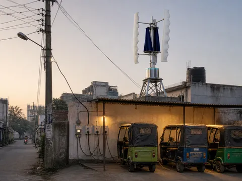 A neighbourhood charging corner at dawn — e-rickshaws plugged in under a shed, fed by the electricity board's line, with GIVARA ONE on the roof above.