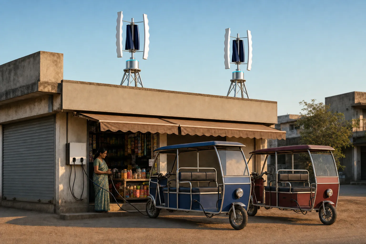 A kirana-corner e-rickshaw charging bay with two white GIVARA ONE rooftop wind machines on the roofline above, cables running down to the charging point.