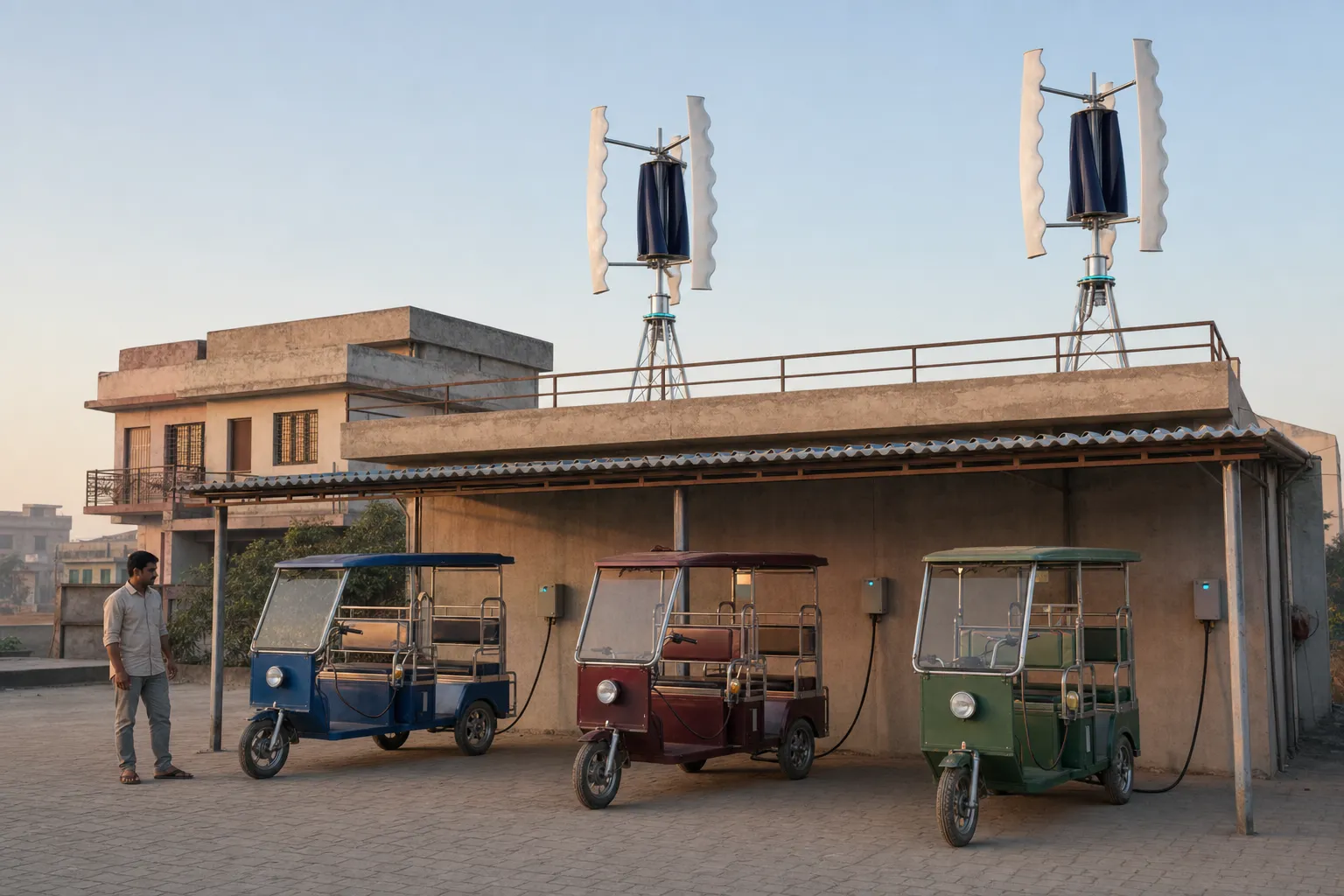 Two white GIVARA ONE rooftop wind machines above a neighbourhood charging corner at dawn — three e-rickshaws plugged into wall-mounted charging boards under a shed canopy while a driver looks on.