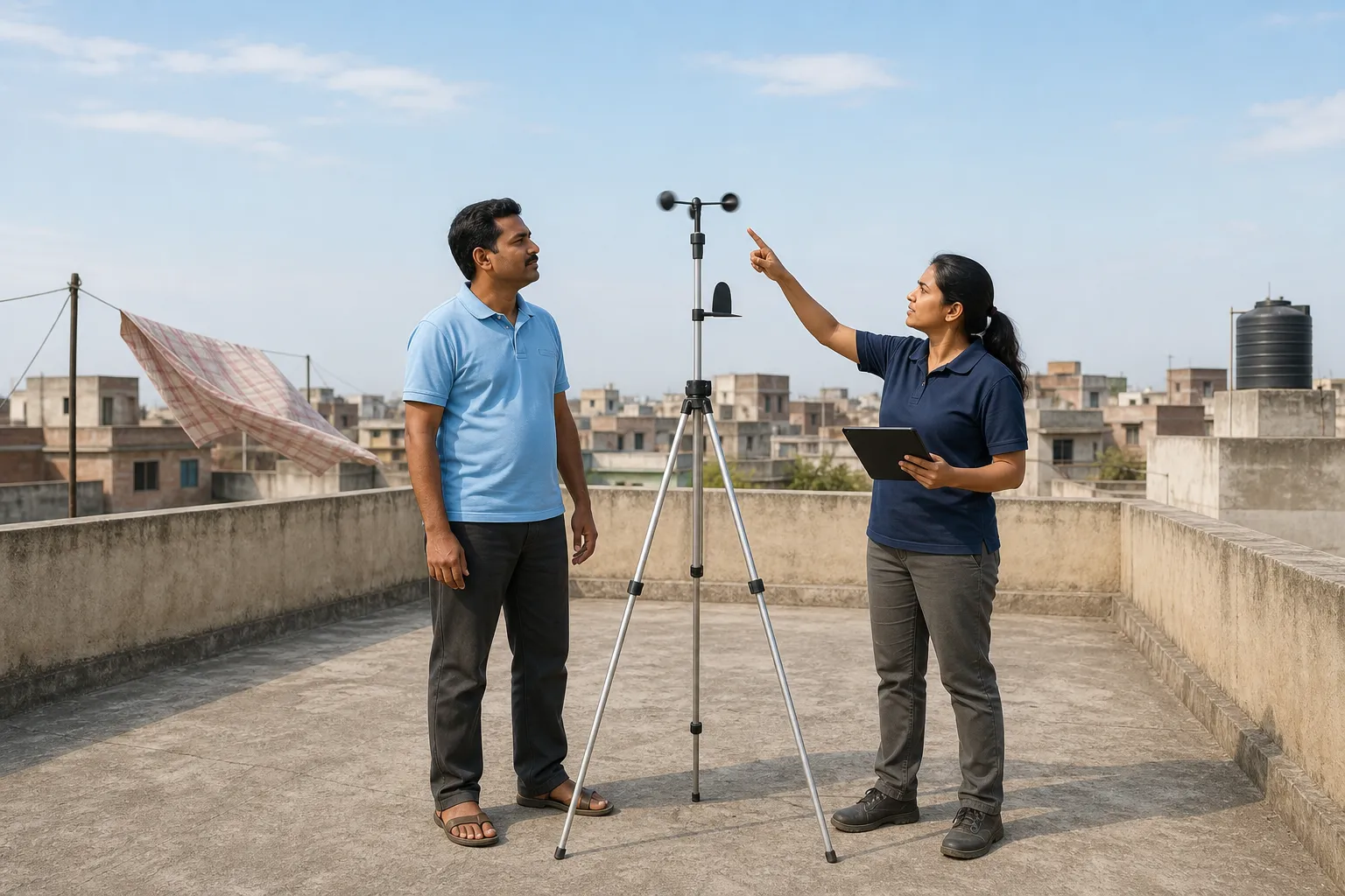 A GIVARA technician and the owner on a flat Indian rooftop beside a small tripod wind-measurement mast with a spinning cup anemometer, a cloth fluttering in the breeze behind them.