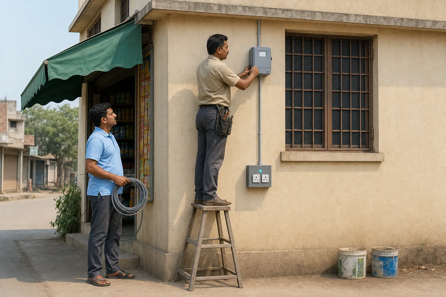 An electrician fits a grey electricity meter and a two-socket charging board on the side wall of the corner shop while the owner holds a coil of cable and watches.