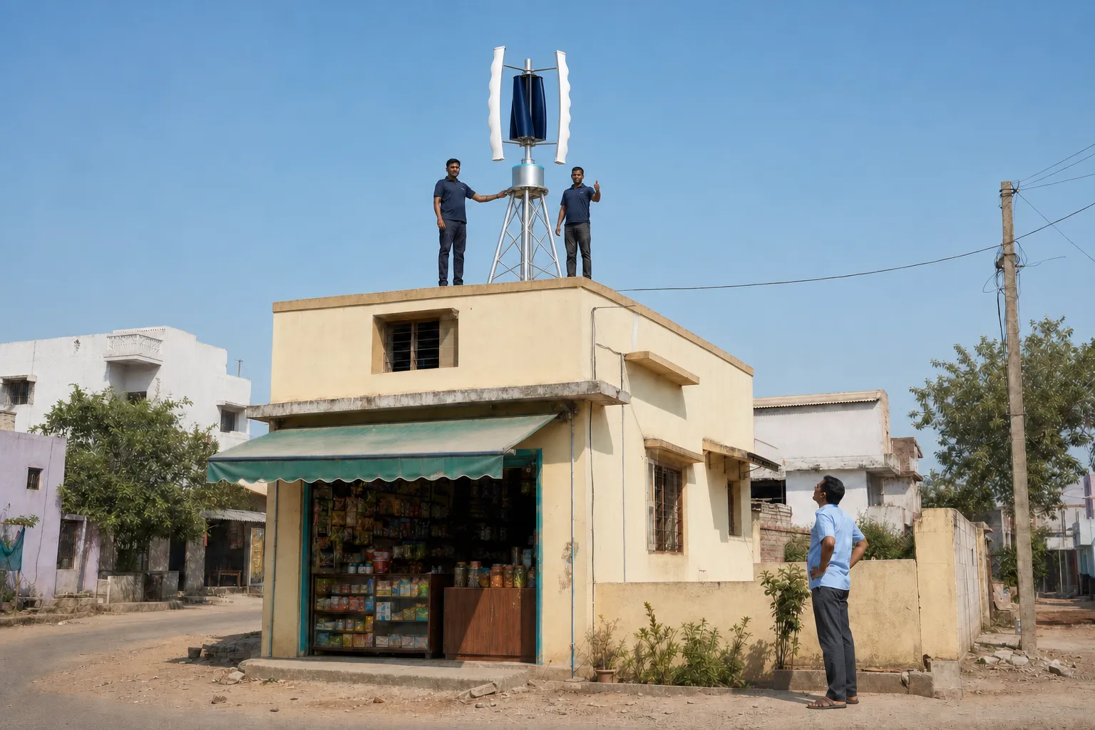 Two installers stand beside a white GIVARA ONE wind machine newly installed on the shop's flat roof, its rotor against clear sky, while the owner watches proudly from the yard below.