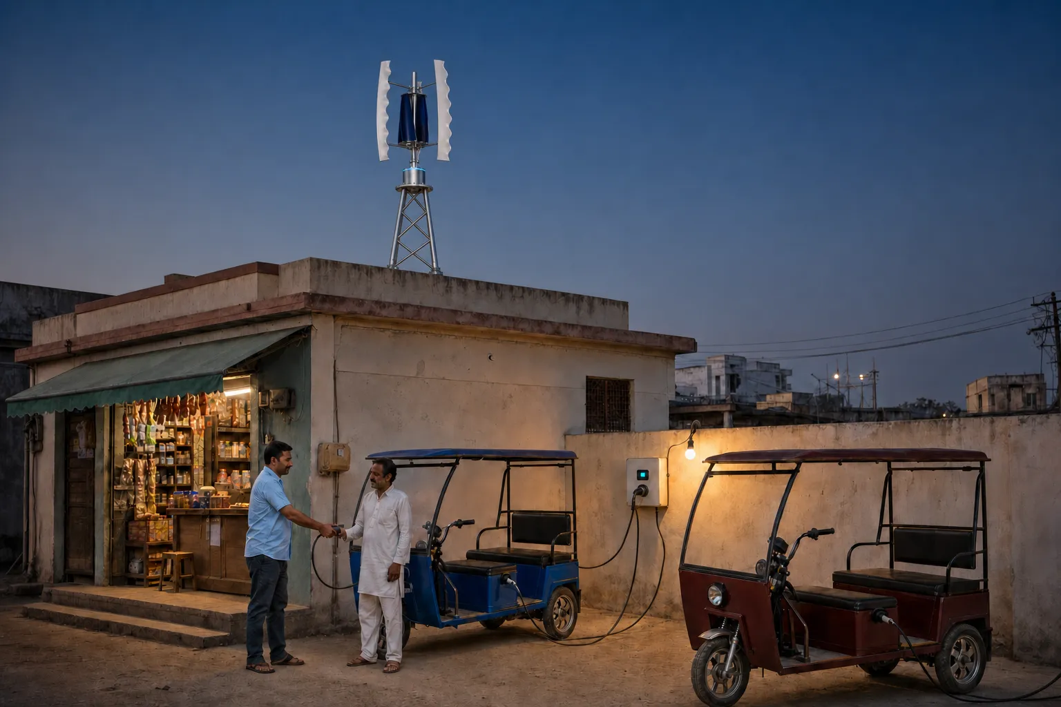 At dusk, two e-rickshaws charge from the wall-mounted board in the side yard as the owner hands a connector to a driver, the white GIVARA ONE wind machine on the roofline above.