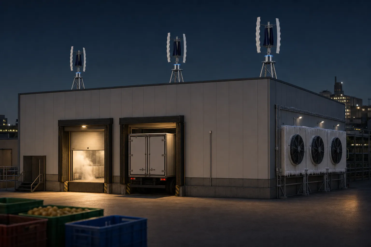 A row of three white GIVARA ONE rooftop wind turbines on the roof edge of an Indian cold storage at night, cold vapour drifting from an open loading dock below.