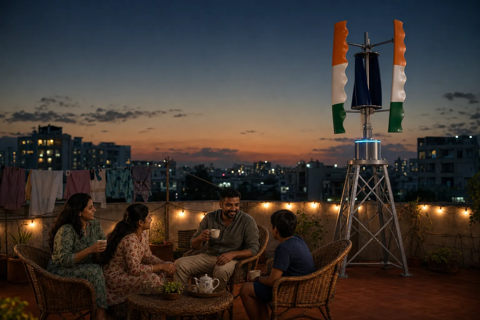 An Indian family sharing evening chai on their terrace at dusk, a GIVARA ONE wind machine above the parapet corner.
