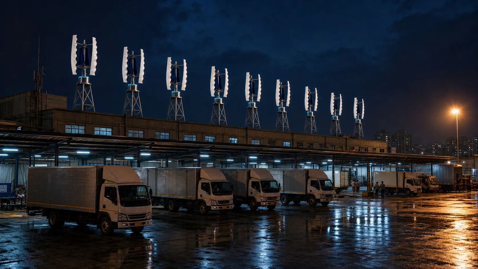 A wet fleet depot at night with parked delivery trucks and a row of Classic White GIVARA ONE turbines.