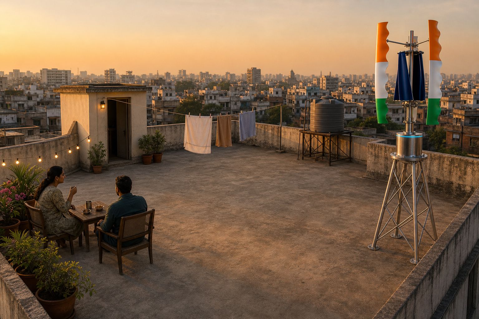 The same rooftop at the same hour: one Tricolor GIVARA ONE stands in the far corner while a couple has evening chai, clothes dry on the line, and potted plants edge the parapet — most of the floor open.