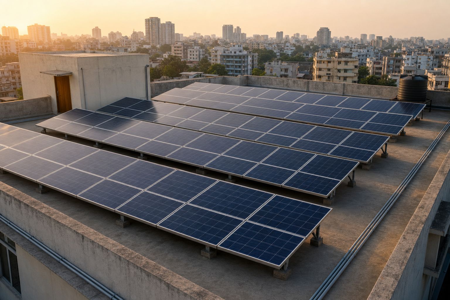 An Indian rooftop at golden hour seen from above, filled edge to edge with rows of solar panels; only the stair-head room and the water tank remain uncovered.