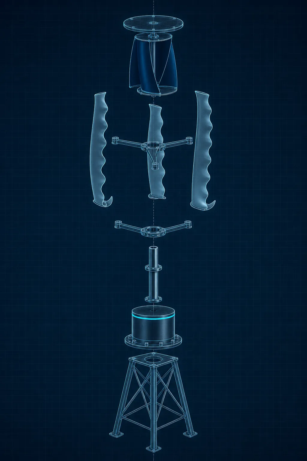 Exploded blueprint of GIVARA ONE showing its outer blades, inner rotor, generator assembly, and rooftop support structure.