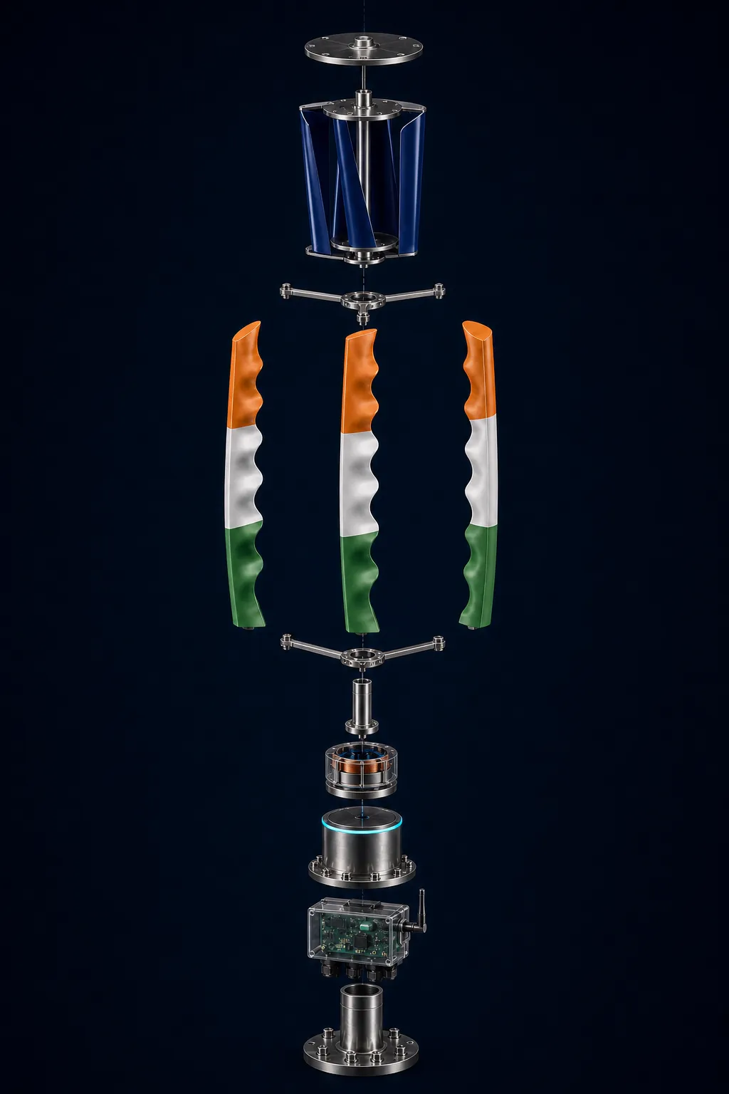 Exploded studio view of GIVARA ONE, top to bottom: cap plate, navy inner rotor, support spider, three tricolour scalloped blades, second spider, shaft, copper-wound generator, cyan-ring drum, transparent controller box, and flanged steel mast.