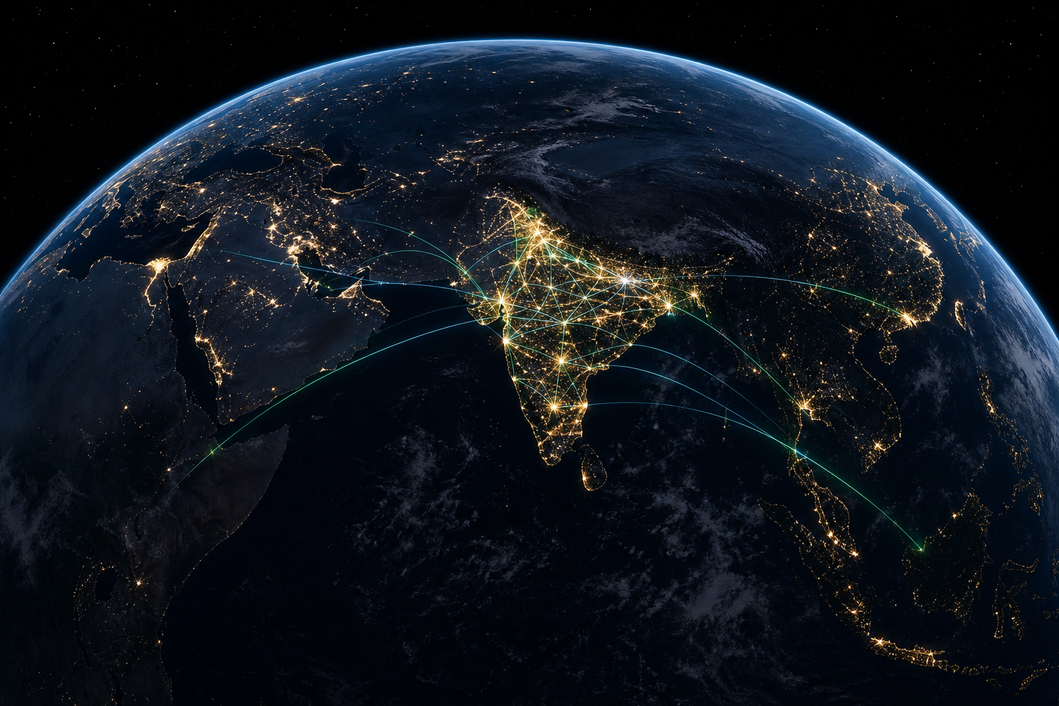 Earth at night from space — the Indian subcontinent glowing brightest, joined by a web of luminous arcs reaching across the globe