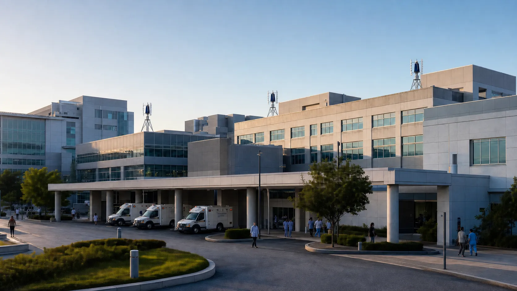 A modern hospital campus with three Classic White GIVARA ONE turbines on separate roof structures.