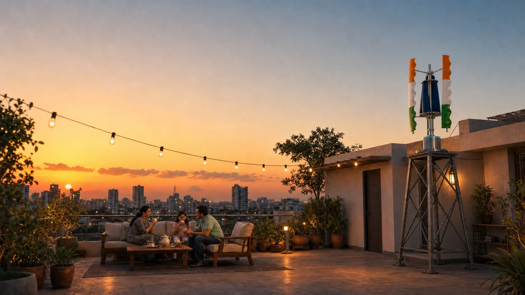 An Indian home terrace at sunset with one tricolour GIVARA ONE wind machine on a rooftop stand.