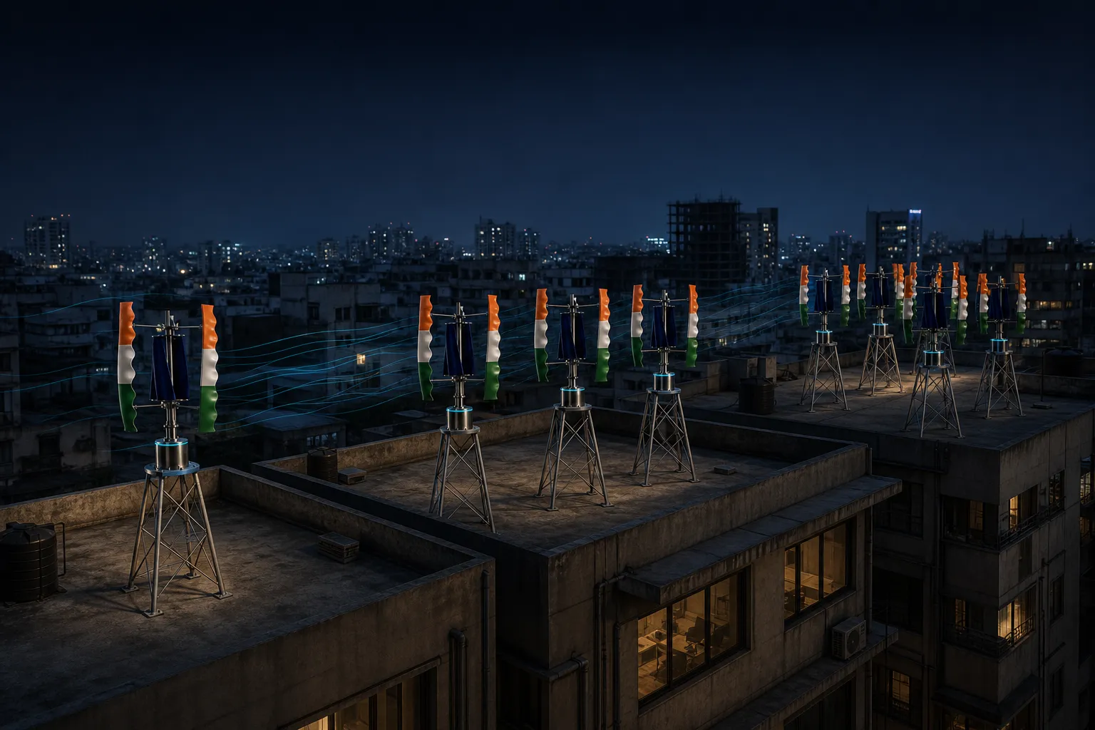 A night progression across three Indian commercial rooftops: one GIVARA machine, then a row of three, then a fleet — connected by streams of wind.