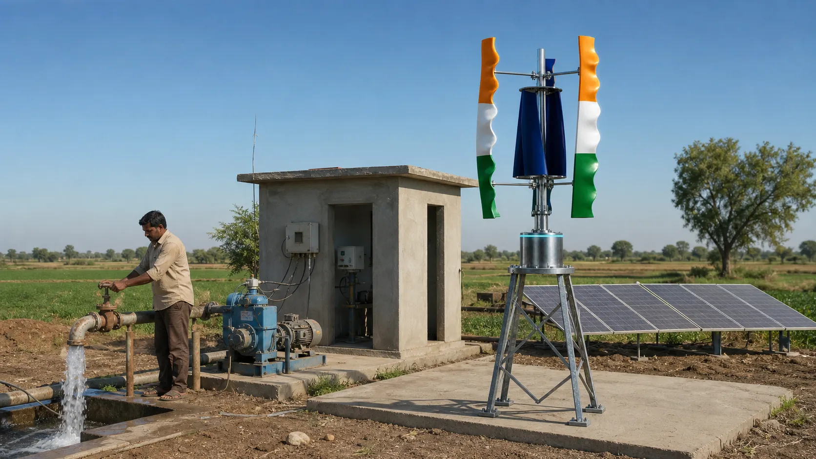 A farm service and irrigation site with one Tricolor GIVARA ONE turbine beside pumps and solar panels.