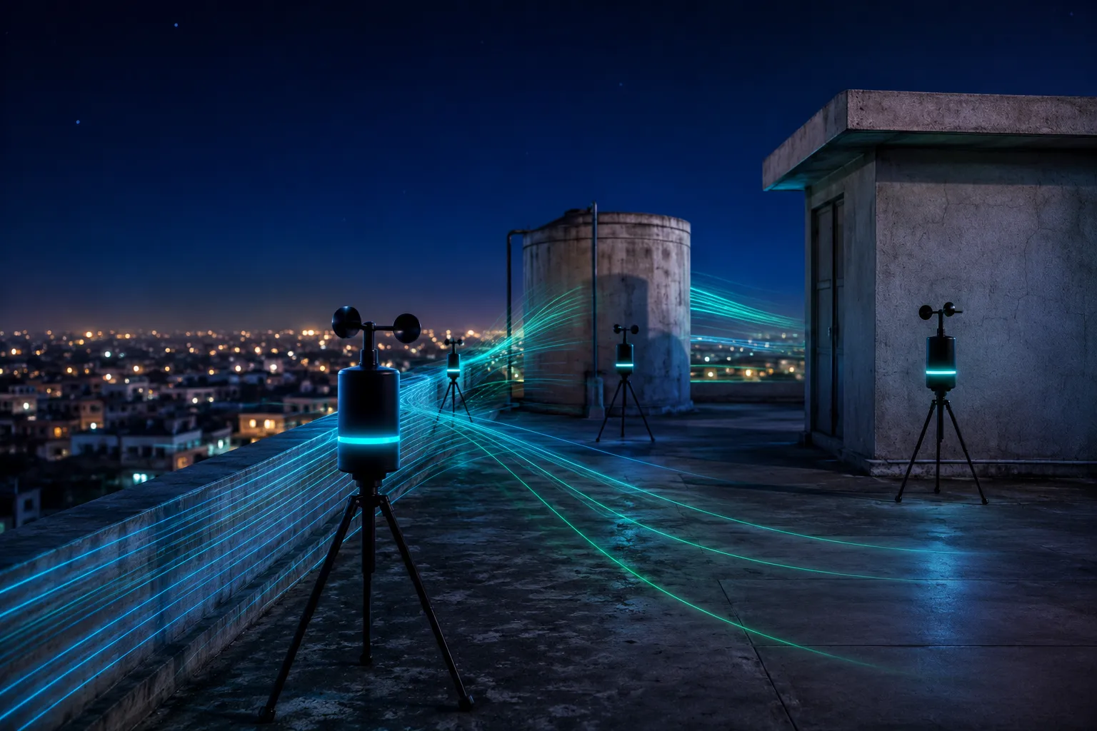 GIVARA's wind sensors reading a rooftop at night during the week-long wind study, glowing wind trails crossing the terrace.