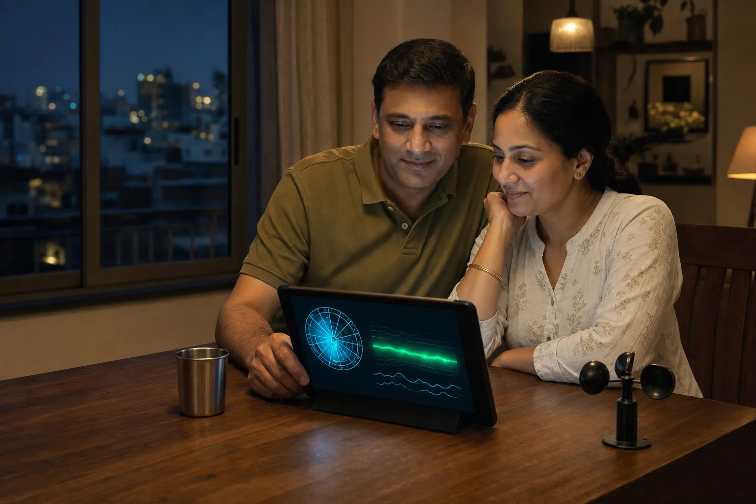 A couple at their dining table reviewing their rooftop wind report on a tablet.