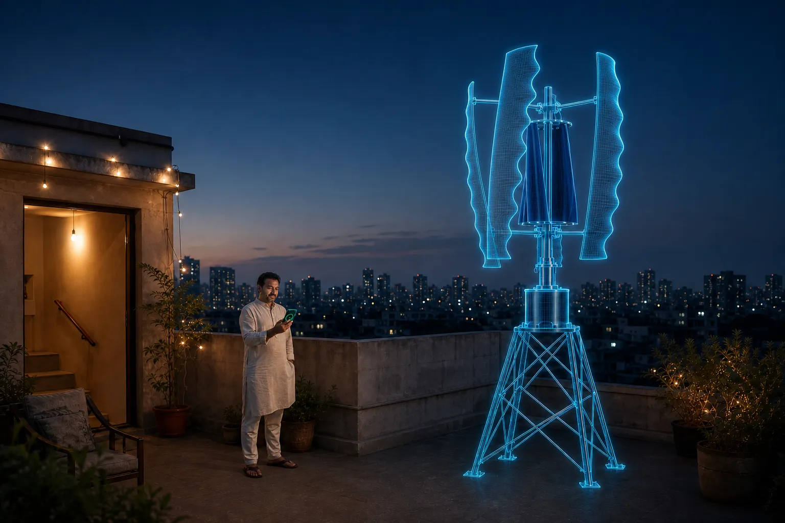 A homeowner on his terrace confirming the refundable deposit on his phone, a glowing outline marking where GIVARA ONE will stand.