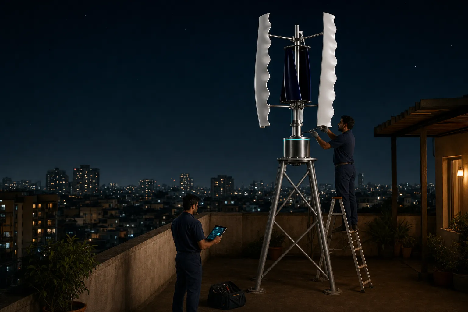 GIVARA technicians finishing checks on GIVARA ONE at night, the machine seated on its site-specific stand with every blade above head height.