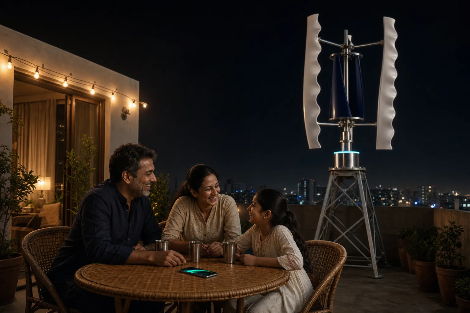 A family enjoying an evening on their terrace while a GIVARA ONE wind machine turns above.