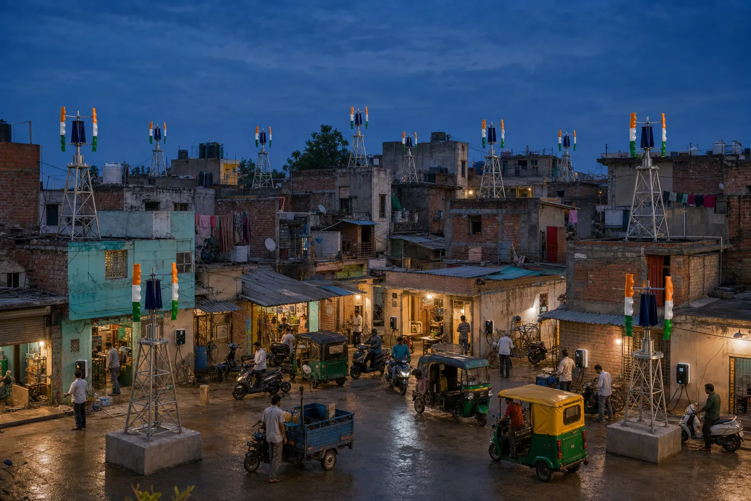 A community mobility hub with electric two- and three-wheelers and multiple proportionate Tricolor GIVARA ONE turbines across suitable roof zones and foundations.