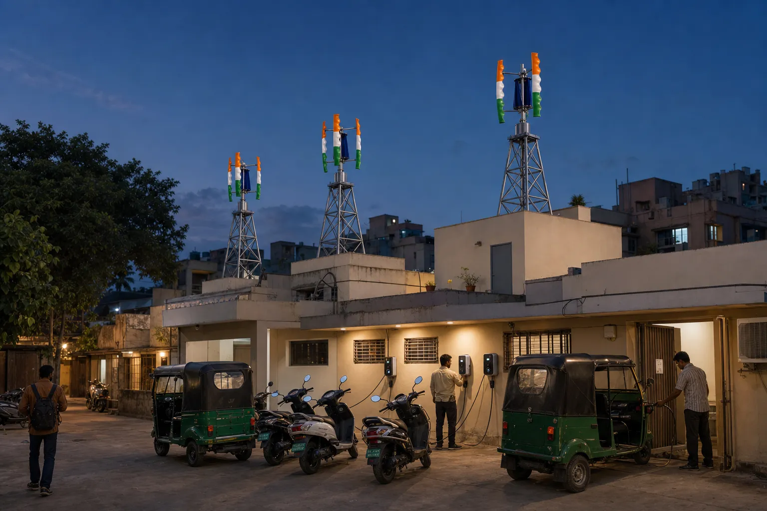 Electric two- and three-wheelers at a neighbourhood charging point with three proportionate Tricolor GIVARA ONE turbines on separate roof stands.