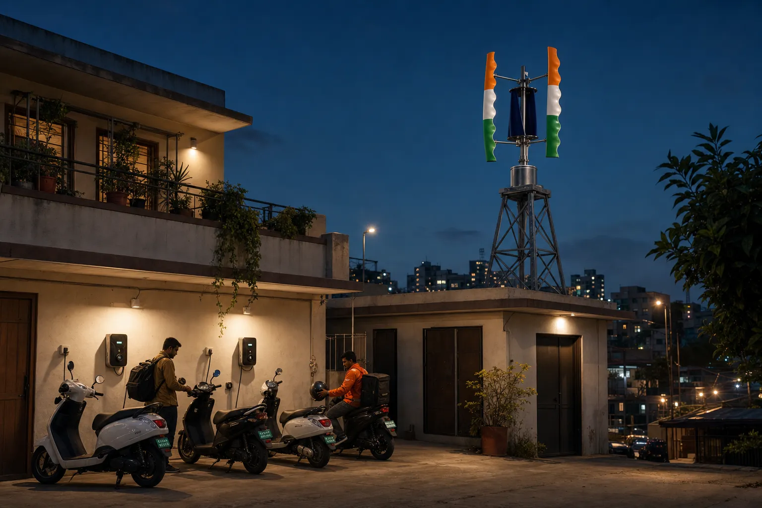 Delivery riders park electric two-wheelers at a neighbourhood charging corner beneath one proportionate Tricolor GIVARA ONE turbine.