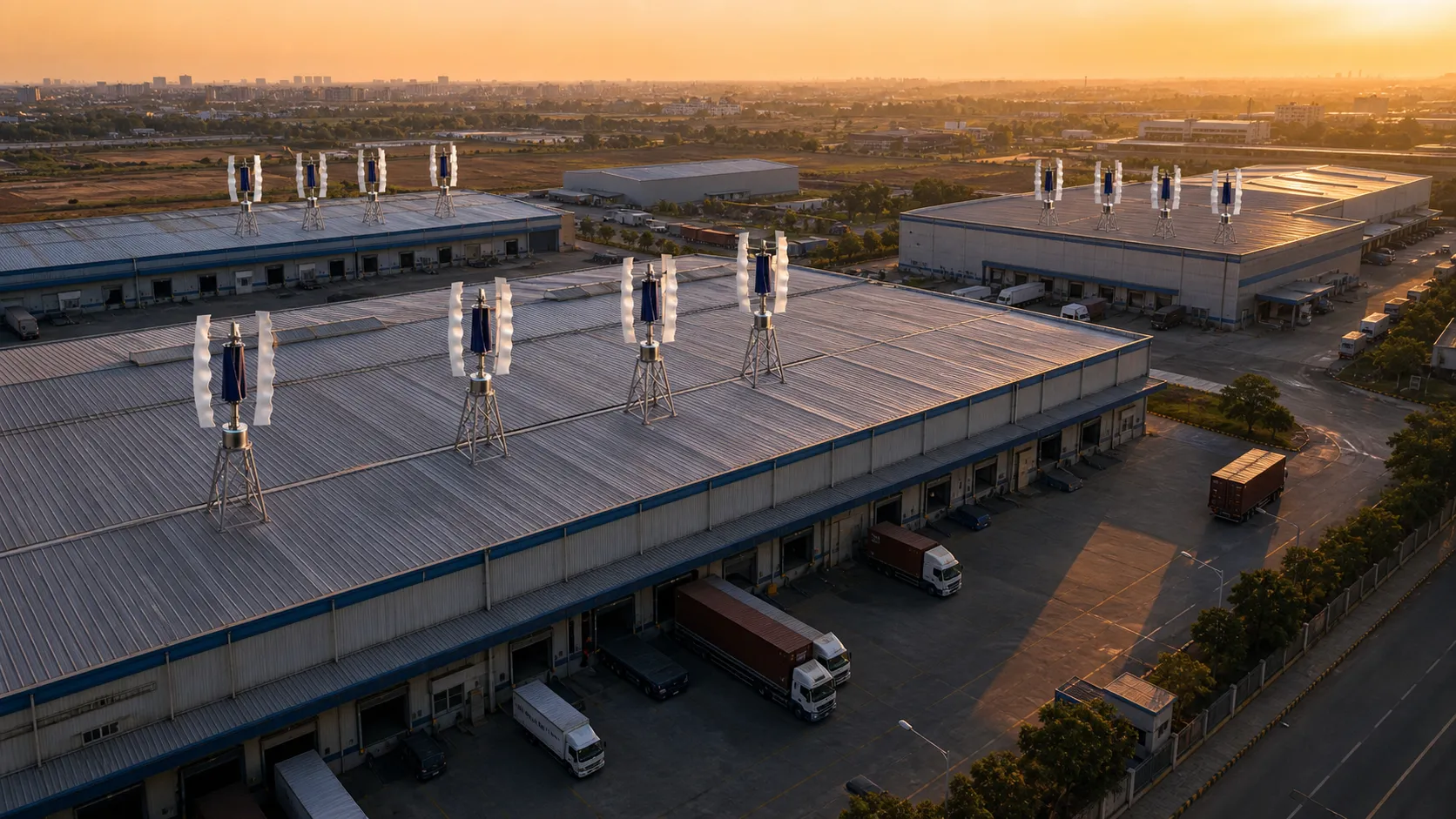 An aerial logistics park at golden hour with coordinated GIVARA ONE clusters across three warehouses.