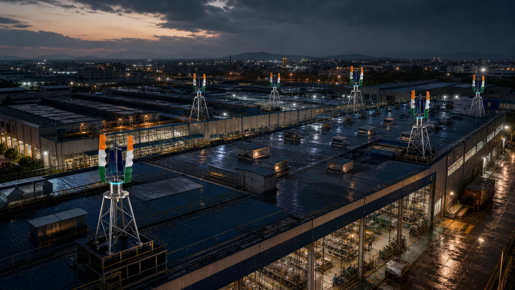 A manufacturing facility after monsoon rain with six Tricolor GIVARA ONE turbines across its roofs.